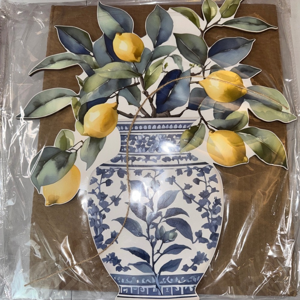 Blulu Lemon Ginger Jar Wooden Wall Vase Art Set Blue White Yellow 2pc 13.5in